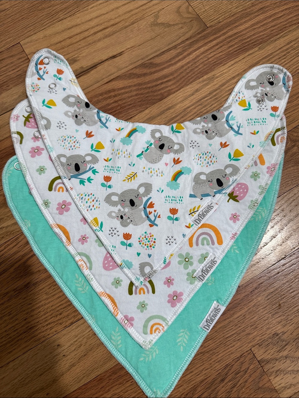 Koala & Rainbow Bandana Bib Trio - Mint, White, Pink